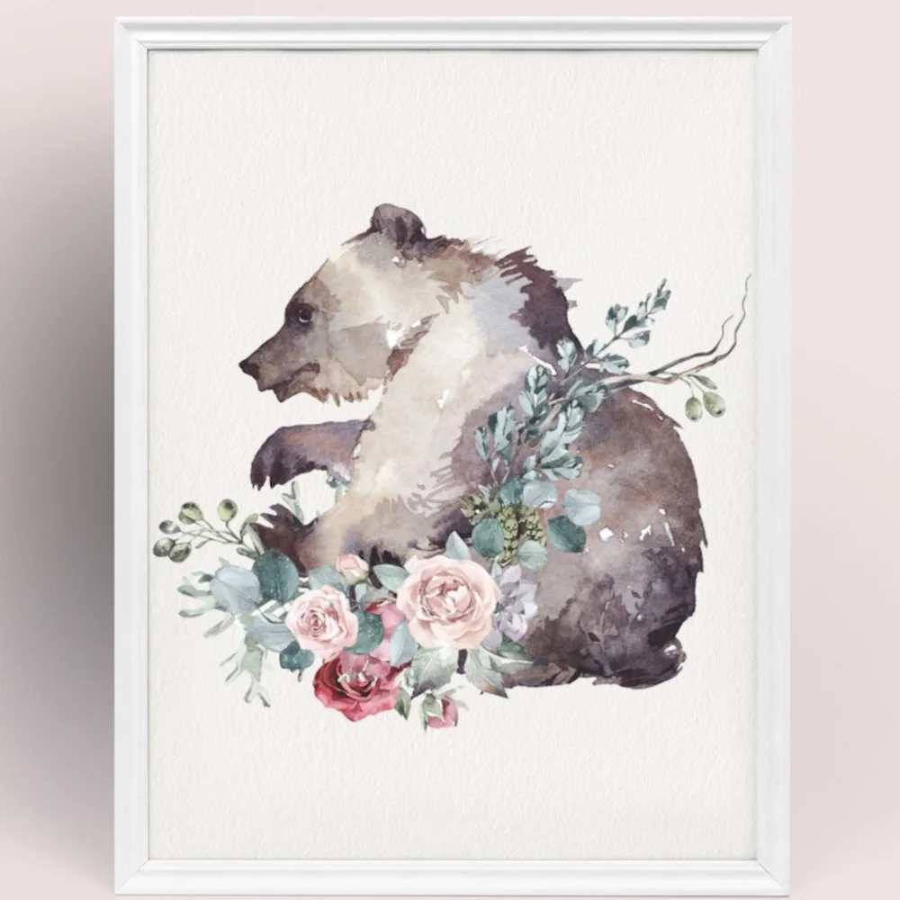 Watercolor Floral Bear Wall Art Print Poster Unframed - Picture 10 of 17